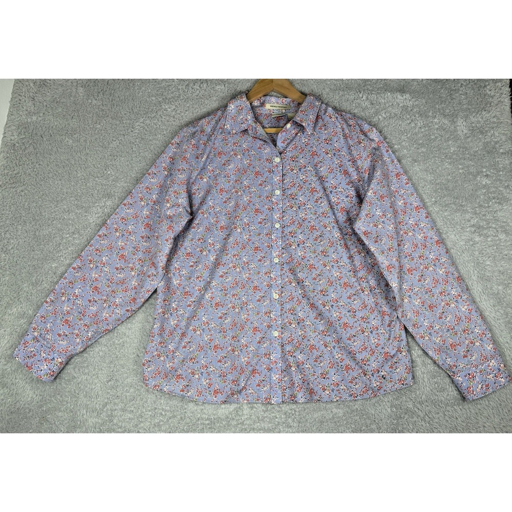 L.L.Bean Womens XL Wrinkle Resistant Shirt Blue Floral Cotton Button Up